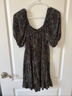 wild fable Black Floral Puff-Sleeve Midi Dress with Peach & Blue Accents